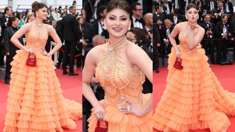 Cannes Film Festival 2023 : Urvashi Rautela Shines at Cannes Film Festival Day 2 in Sequined Frill Orange Gown